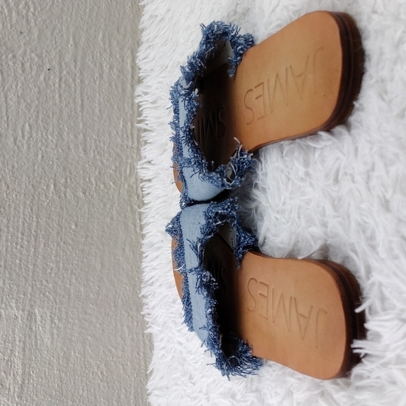 James Smith Blue Leather Fray Denim Fabric Upper Open Toe Slide Flat Sandal Shoe - Picture 6 of 15